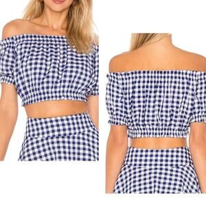 L'Academie Crop Top Small Cotton Checkered Gingham Off Shoulder Short Sleeve